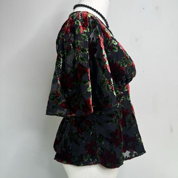 MODCLOTH Velvet Holly Peplum Top Blouse Poinsettia Festive Holiday Party Indie S - Picture 2 of 5
